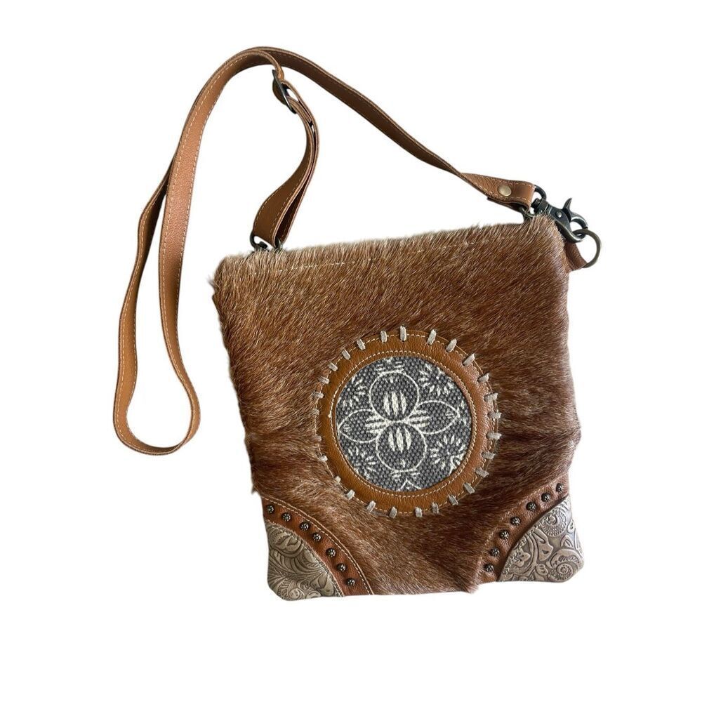 New Myra Western Cowhide Leather Crossbody Bag Purse Hair On Hide Rodeo